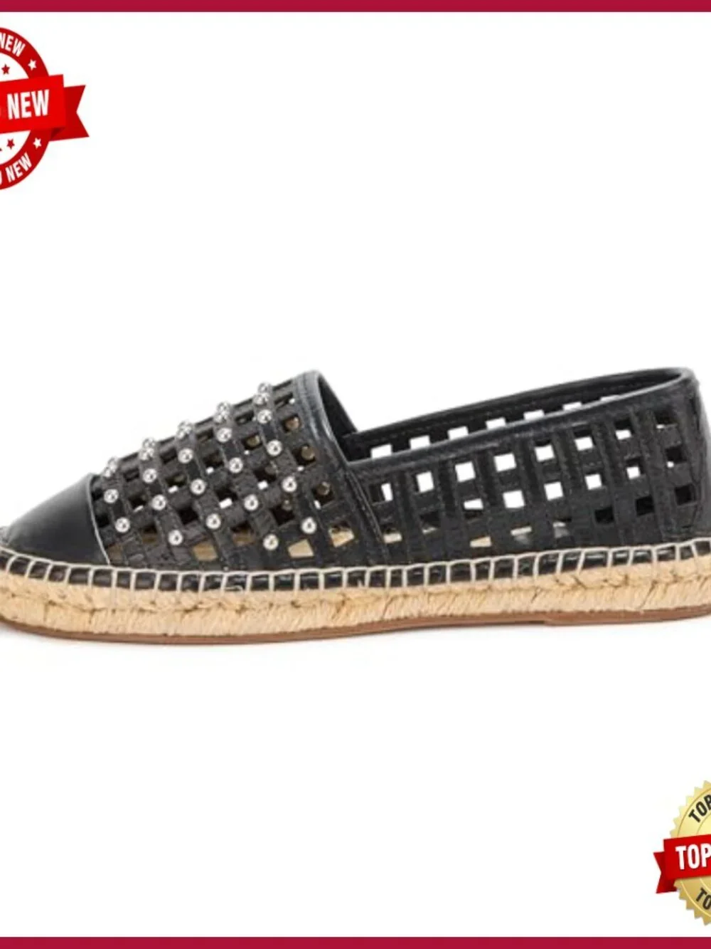 Studded Cage Espadrille Flats Leather Upper Jute Sole